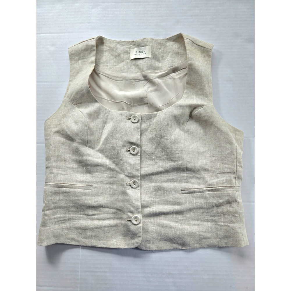 DISSH Linen Waistcoat Vest Womens 8 Natural Oatmeal Scoop Neck Button Tailored